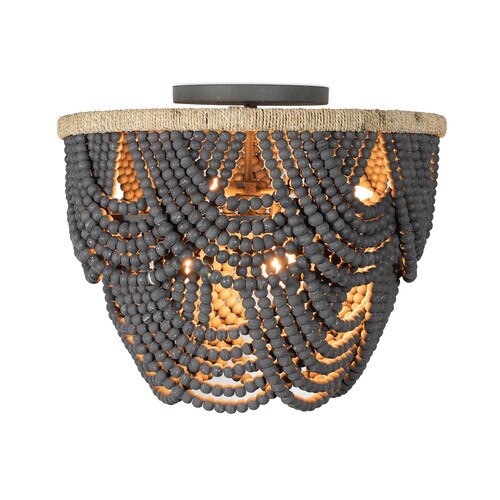 grey flush mount with wooden beads and a jute wrapped base